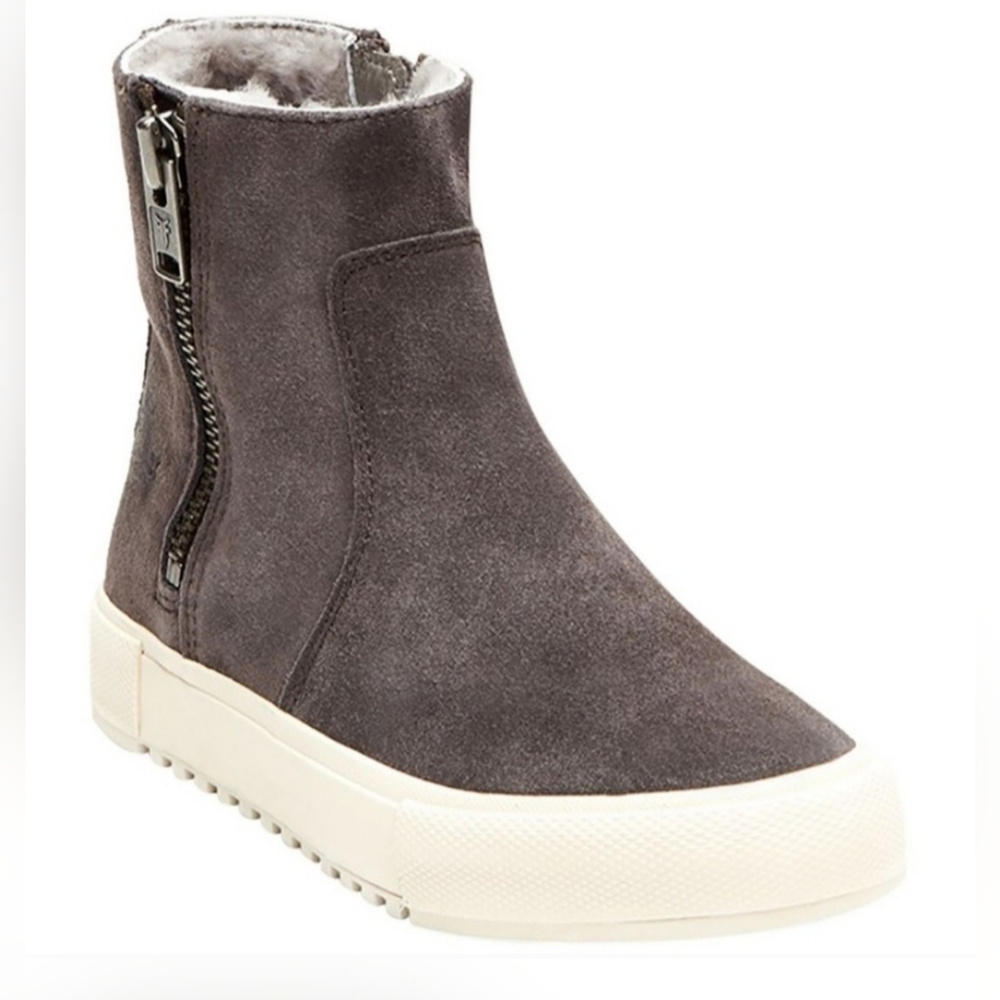 FRYE Gia Lug Shearling Suede Double Zip Boots In Grigio Gray Size 5.5, NWT